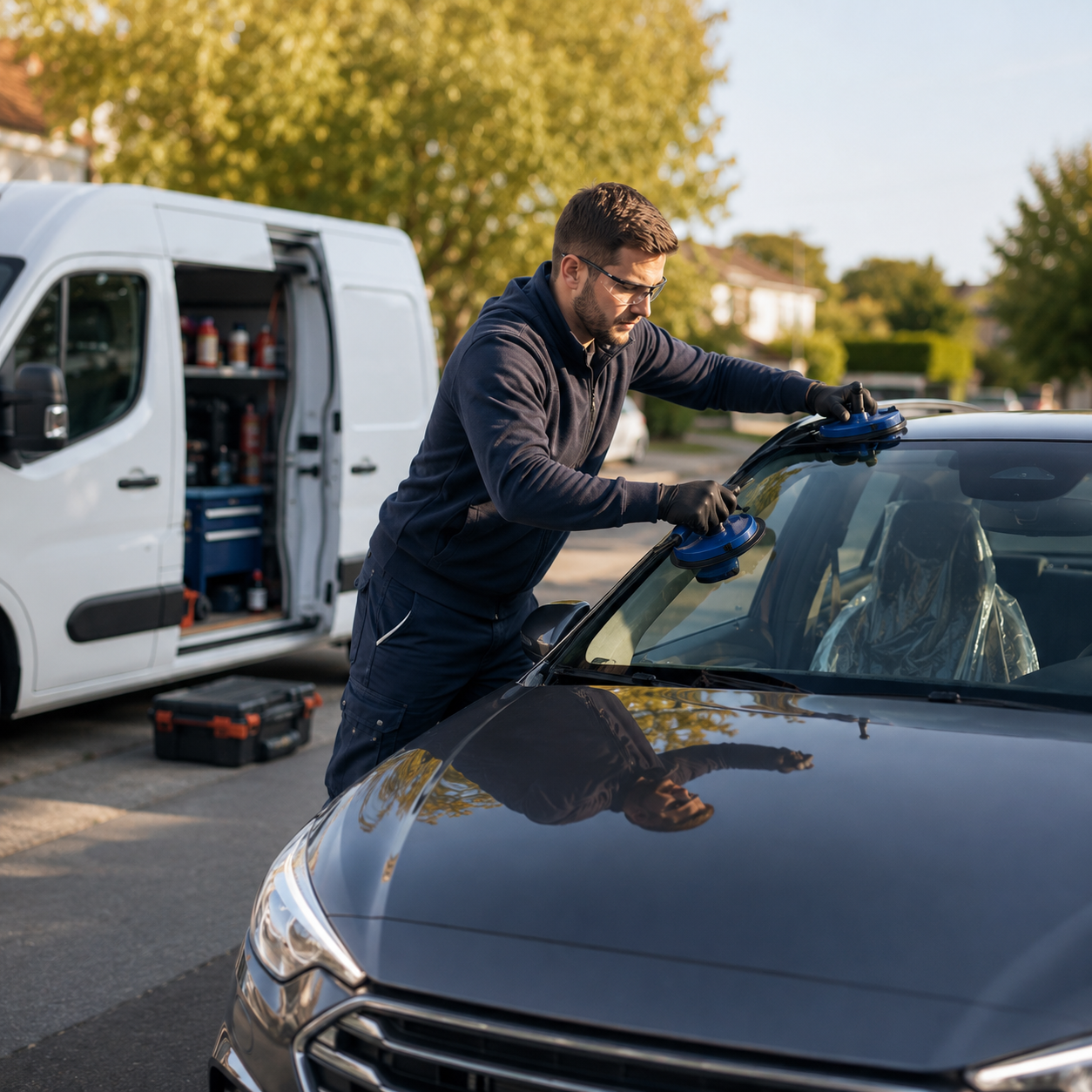 Camionnette d'intervention GPA se déplaçant en Île-de-France pour le remplacement de pare-brise
